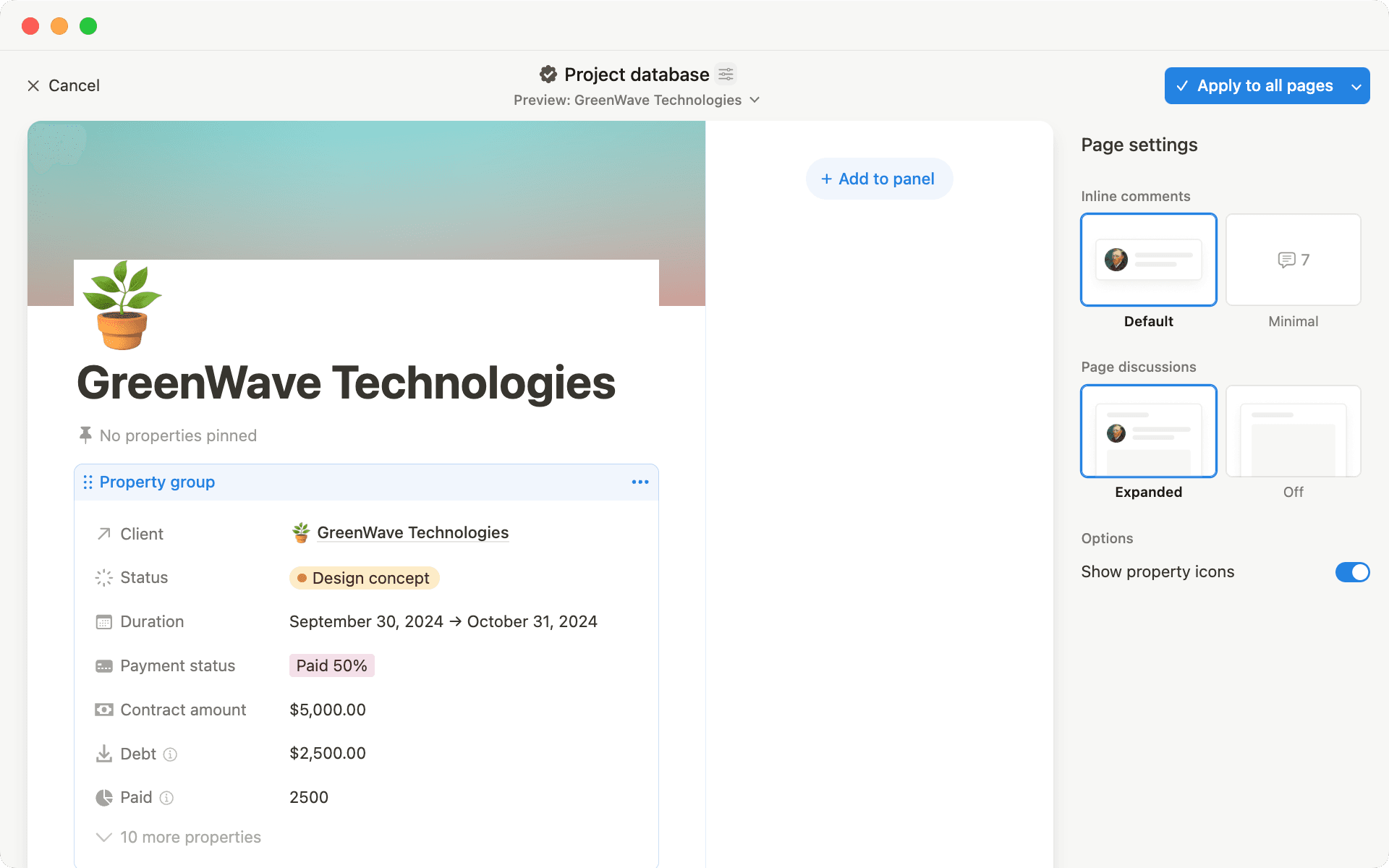 Mit dem Layouts-Builder kannst du alles auf deiner Datenbankseite anpassen – vom Anheften von Eigenschaften bis zum Erstellen eines neuen Seitenbereichs.