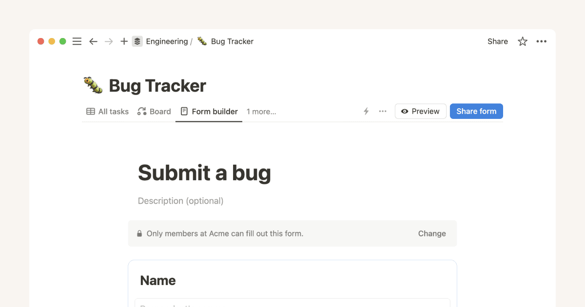 Nutze Formulare, um Antworten direkt in deinem Notion-Workspace zu sammeln, zu organisieren und darauf zu reagieren.