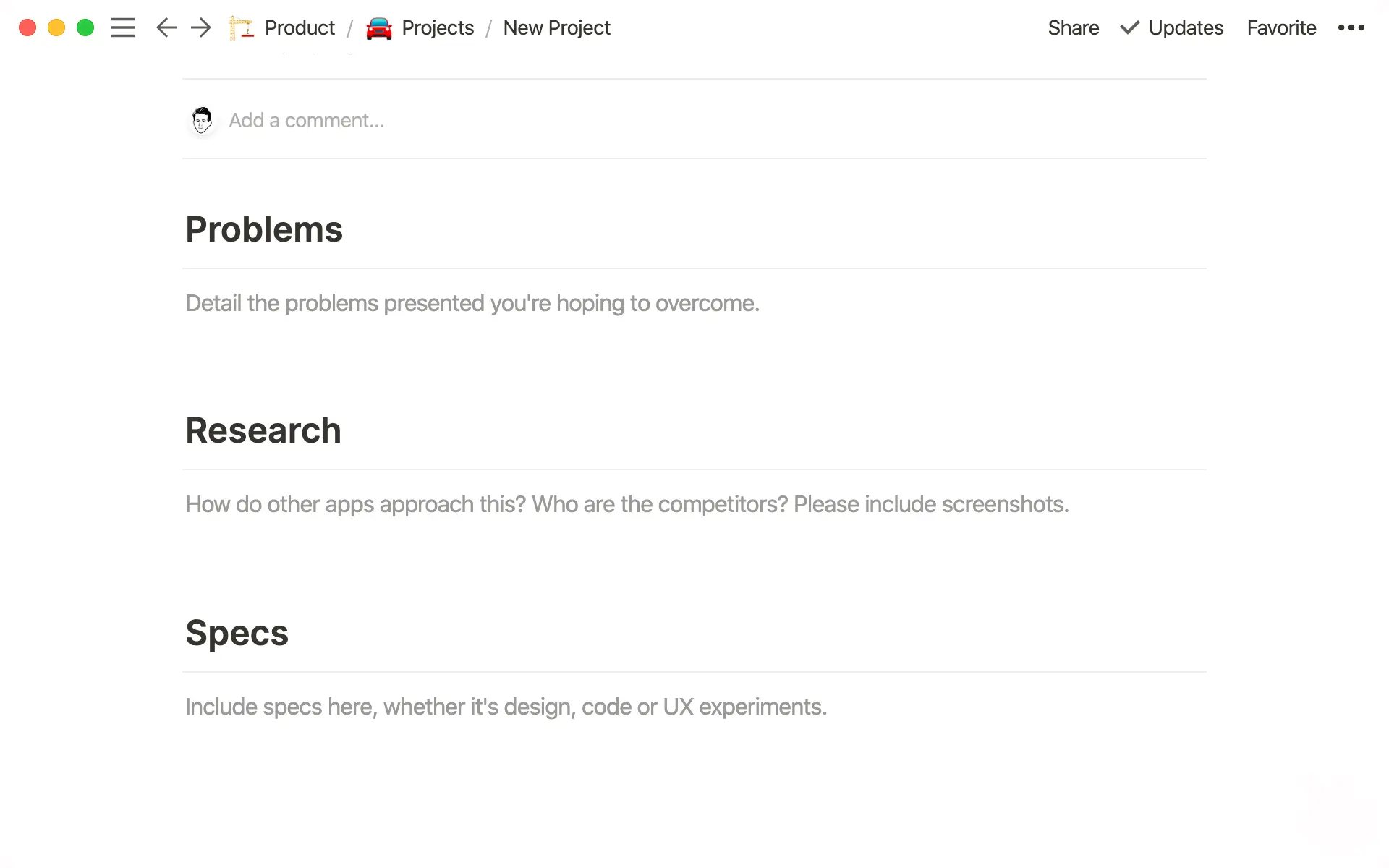 Eine „Request for Comments“-Vorlage, um Feedback von deinem Team einzuholen.