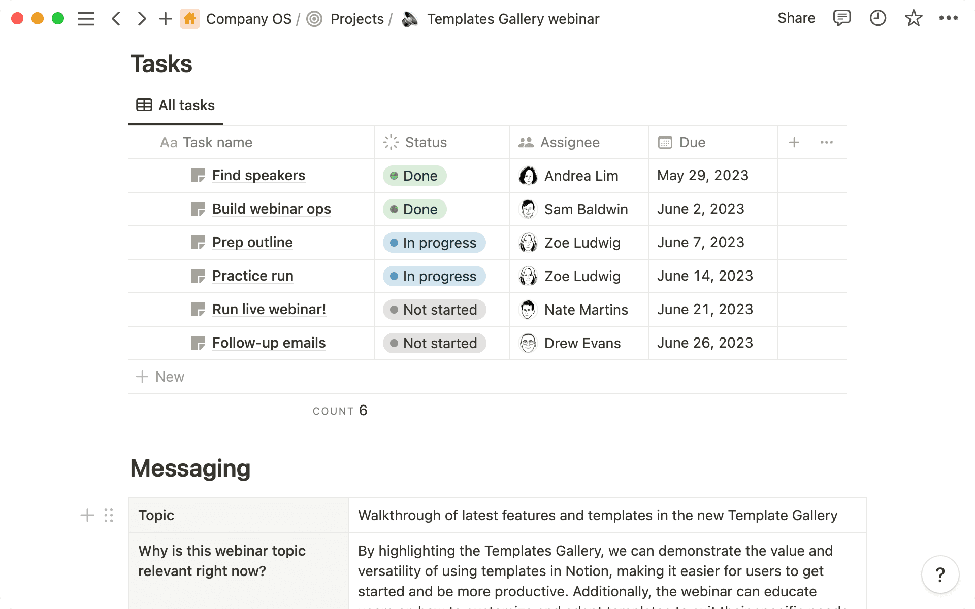 Das Demand-Generation-Team plant Kampagnen mit einer Vorlage, die relevante Aufgaben sowie Informationen zu Messaging, Strategien und mehr enthält.
