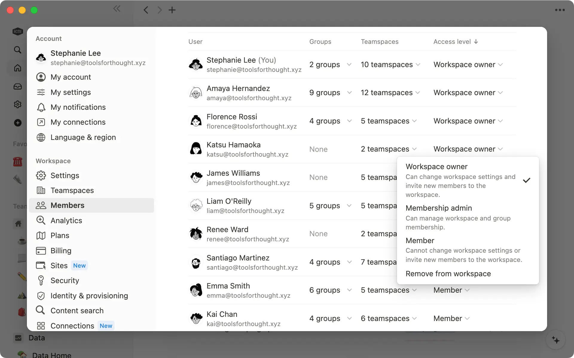 Ändere die Zugriffsebene eines Teammitglieds über das Dropdown-Menü neben dem Namen.