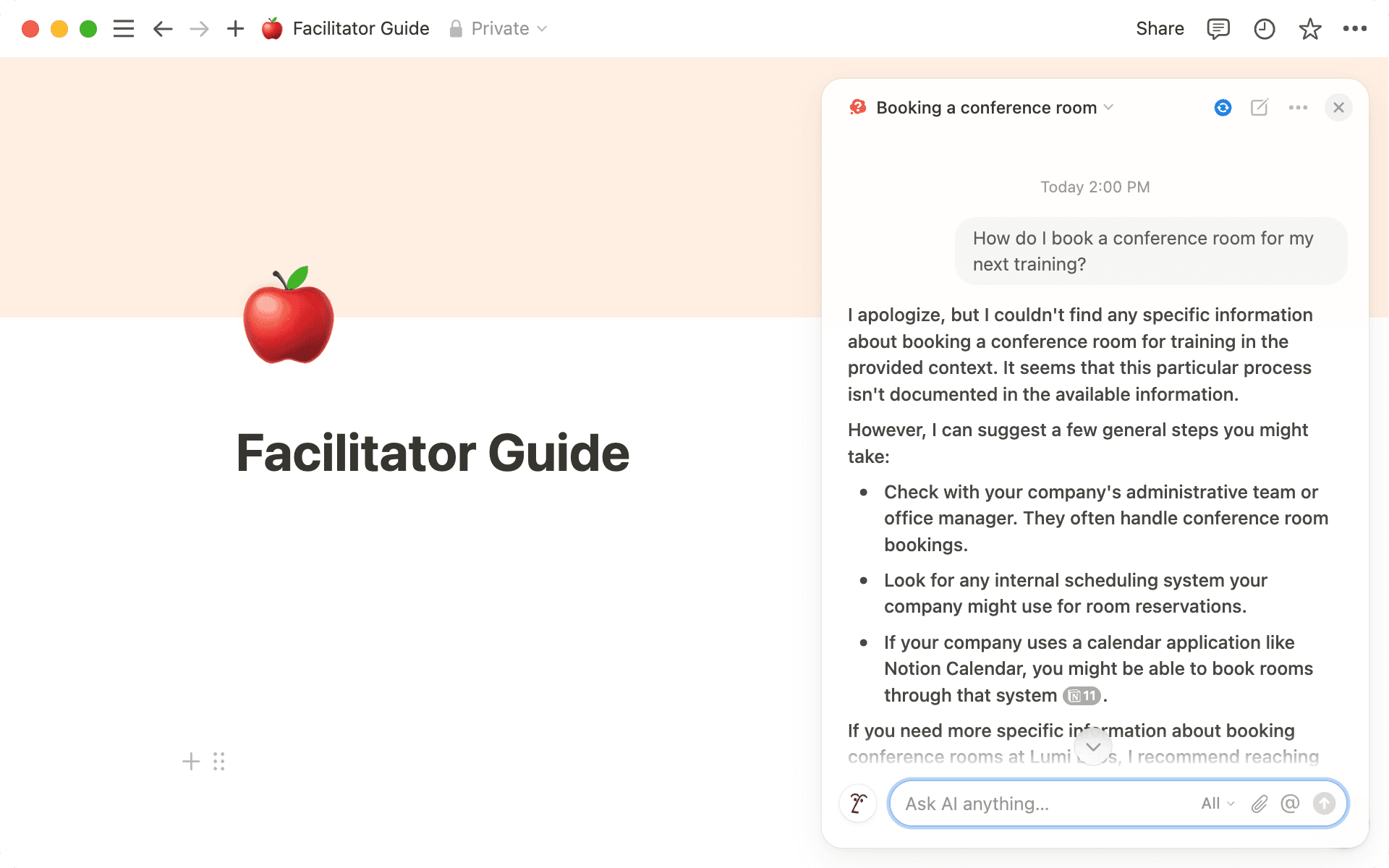 Wenn die Notion-KI deine Frage nicht beantworten kann, informiert sie dich und gibt dir Denkanstöße auf der Grundlage ihres Allgemeinwissens.