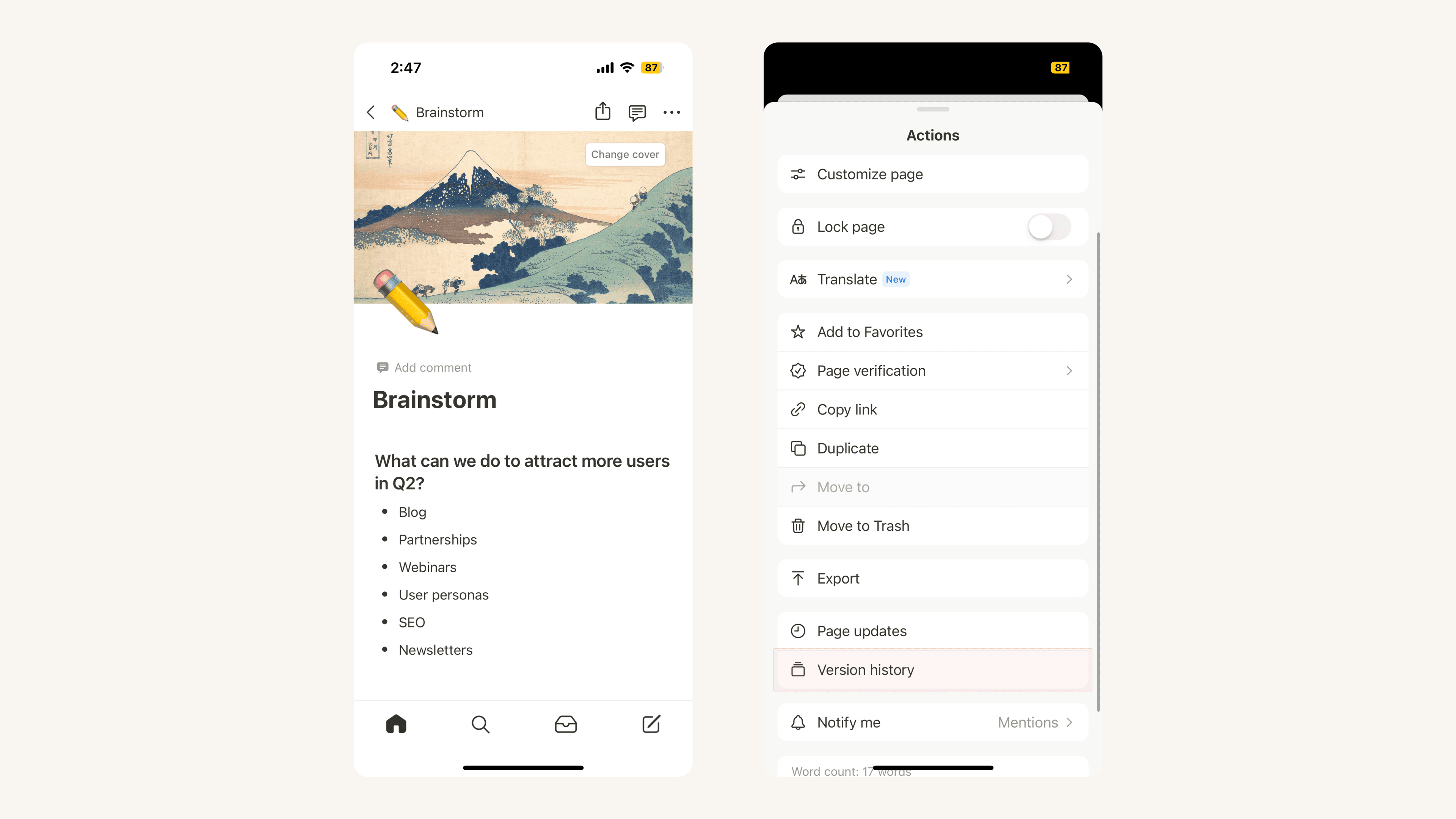 Seitenverlauf auf Mobilgeräten