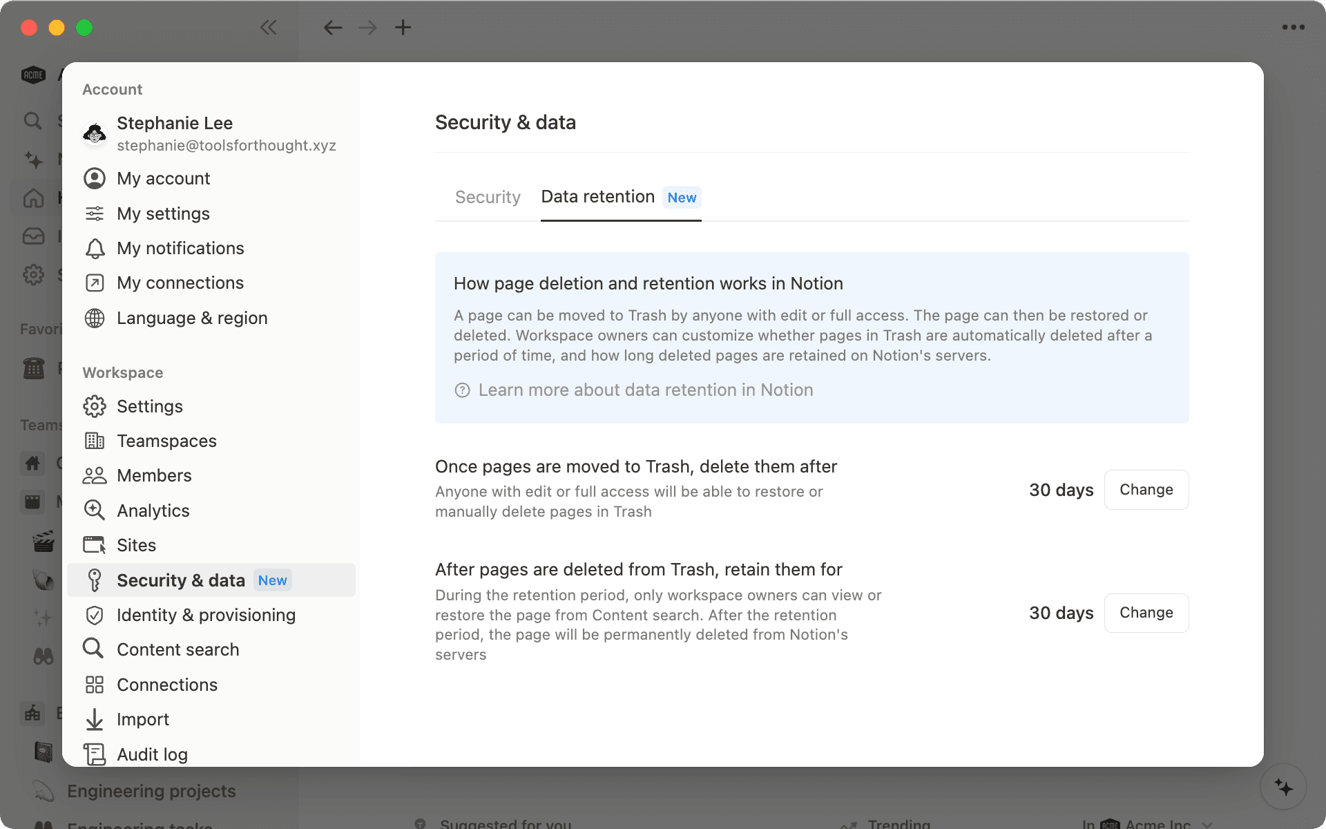 Workspace-Besitzer/-innen im Enterprise Plan haben die Kontrolle darüber, wann die Seiten von Nutzer/-innen aus dem Papierkorb gelöscht werden und wie lange sie danach aufbewahrt werden können
