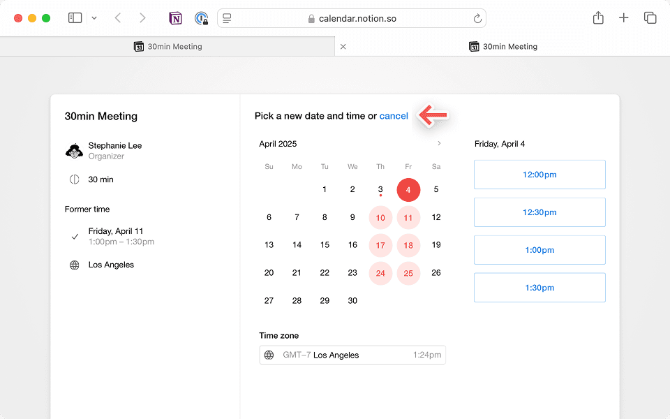 Klicke auf den Link in deiner E-Mail-Kalendereinladung, um den Termin zu verschieben oder abzusagen.