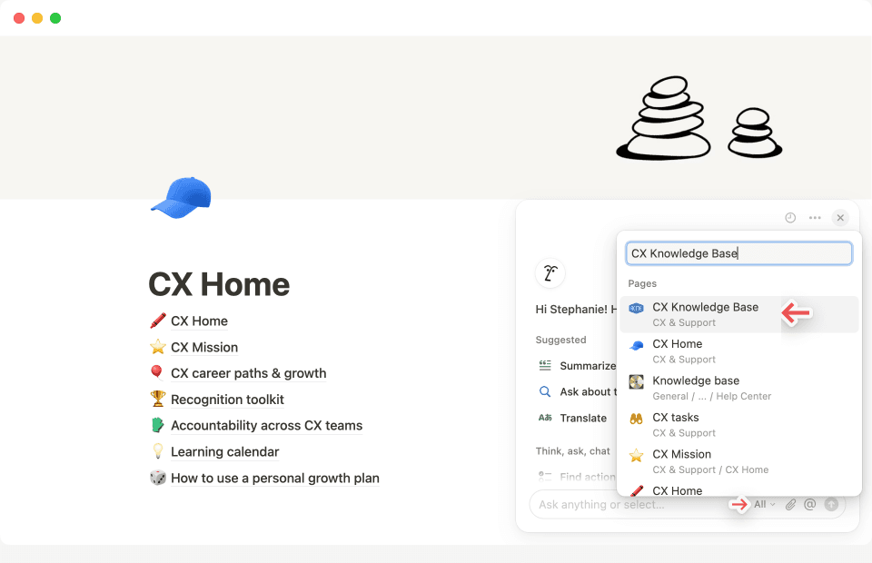 Wähle die Seite oder Quelle aus, die die Notion-KI für eine bestimmte Antwort analysieren soll.