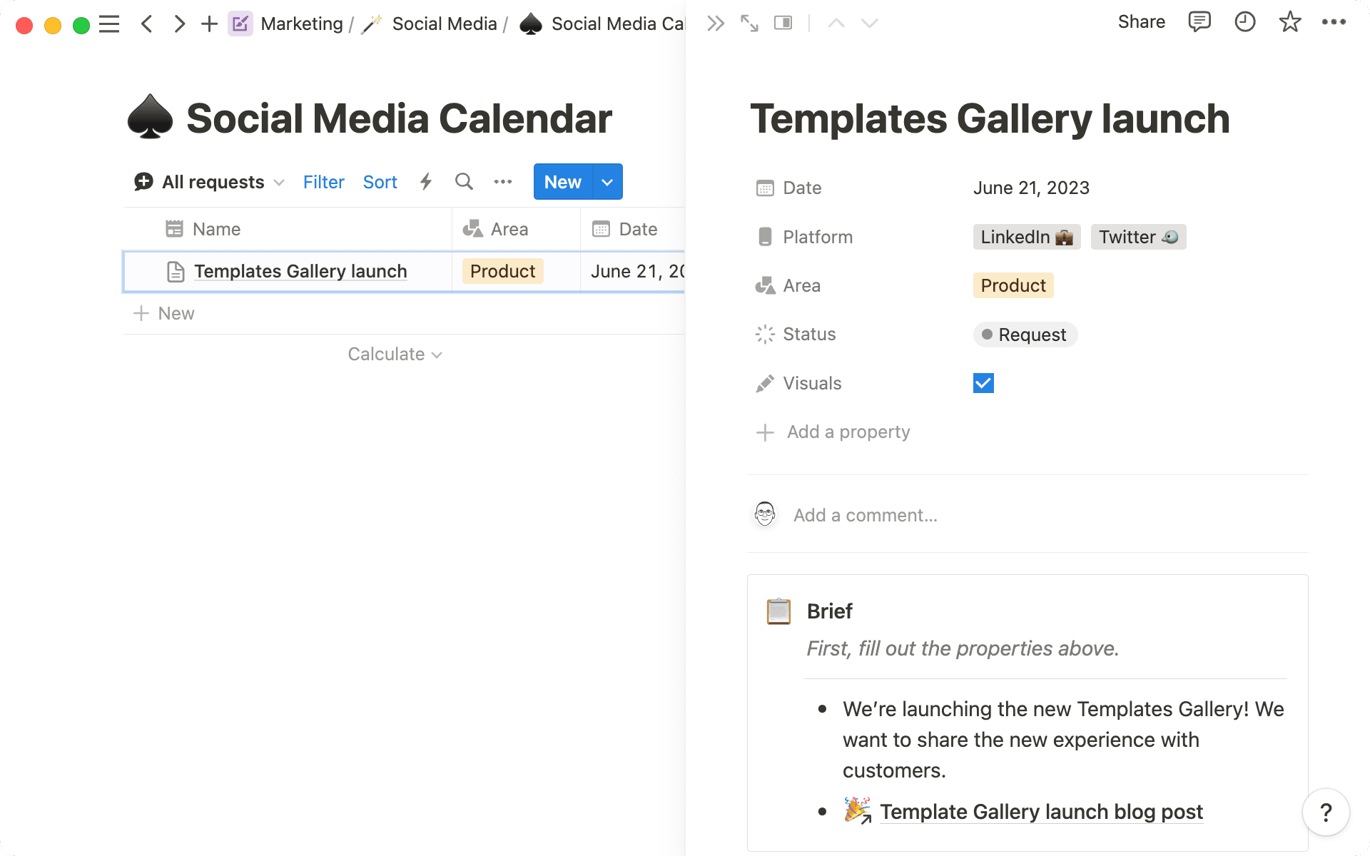 Das System für Social-Media-Anfragen, wo die verschiedenen Teams Informationen und Links zu anstehende Posts hinzufügen.