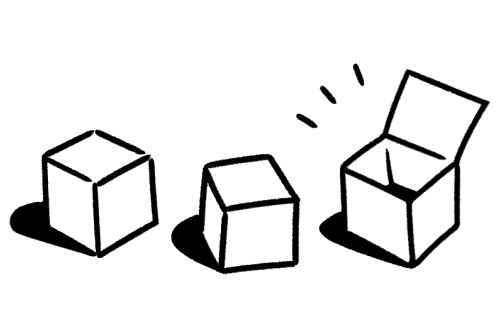 Eine minimalistische Schwarz-Weiß-Zeichnung von zwei geschlossenen und einer offenen Schachtel.