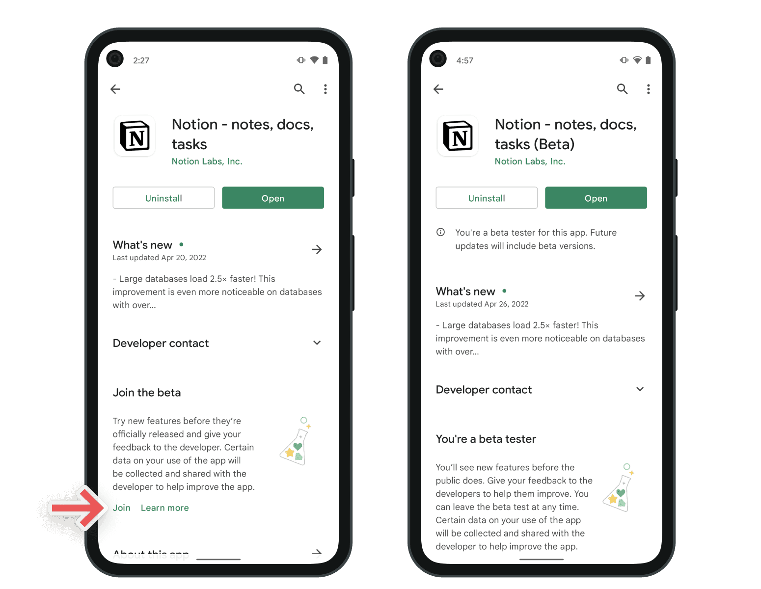Screenshots vom Anmeldeverfahren für die Beta-Version von Notion für Android im Google Play Store.