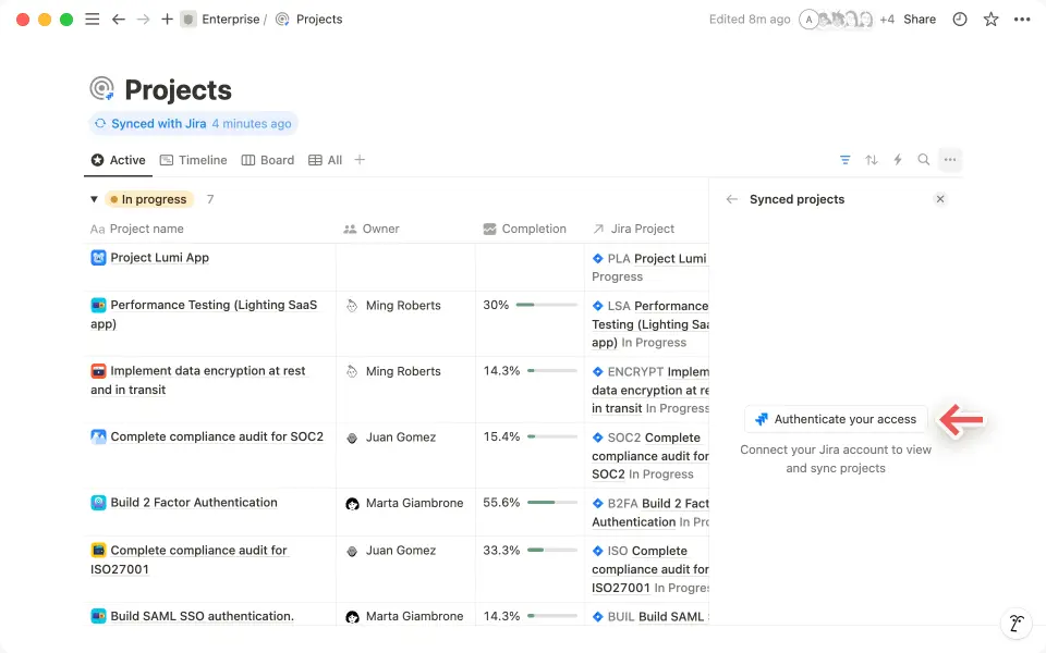 Klicke auf „Authentifiziere deinen Zugriff“, um deine Identität zu überprüfen und Jira-Projekte in Notion zu integrieren