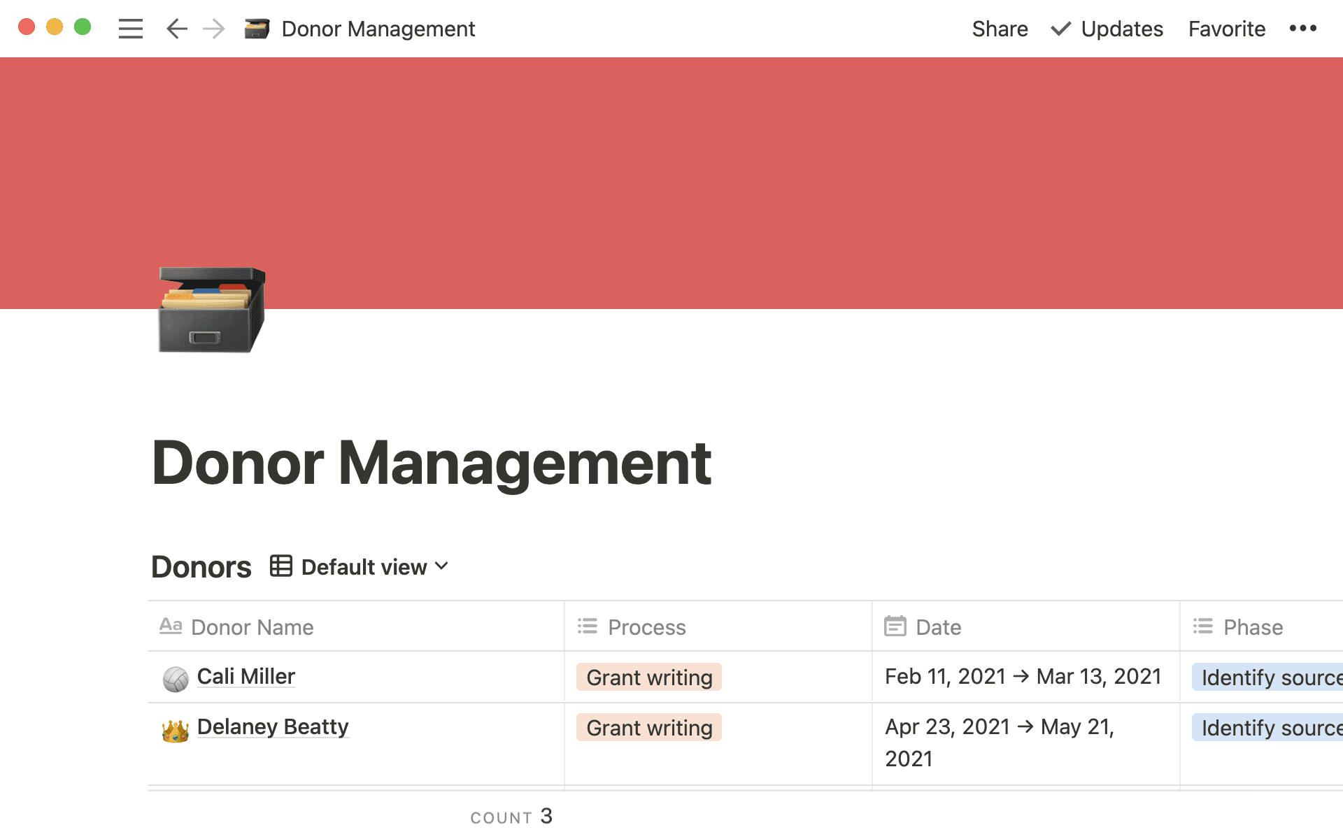 Datenbankansicht eines Spenderverwaltungsdokuments, das verschiedene Spender/-innen und Informationen zu jeder einzelnen dieser Personen zeigt.