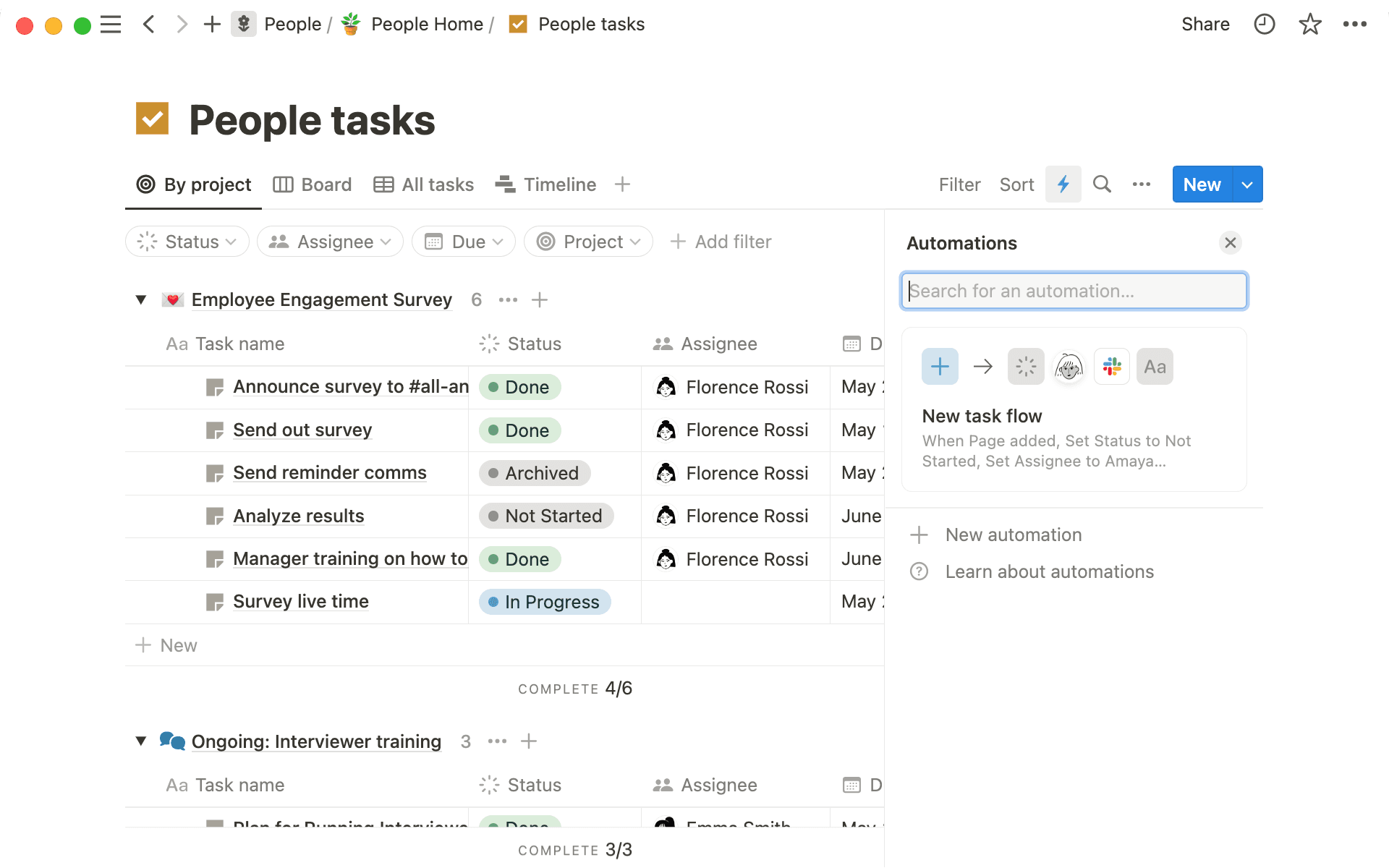 Füge Automatisierungen zu jeder Datenbank hinzu — sie sind jedoch im Projekt- und Aufgabenmanagement besonders leistungsfähig.