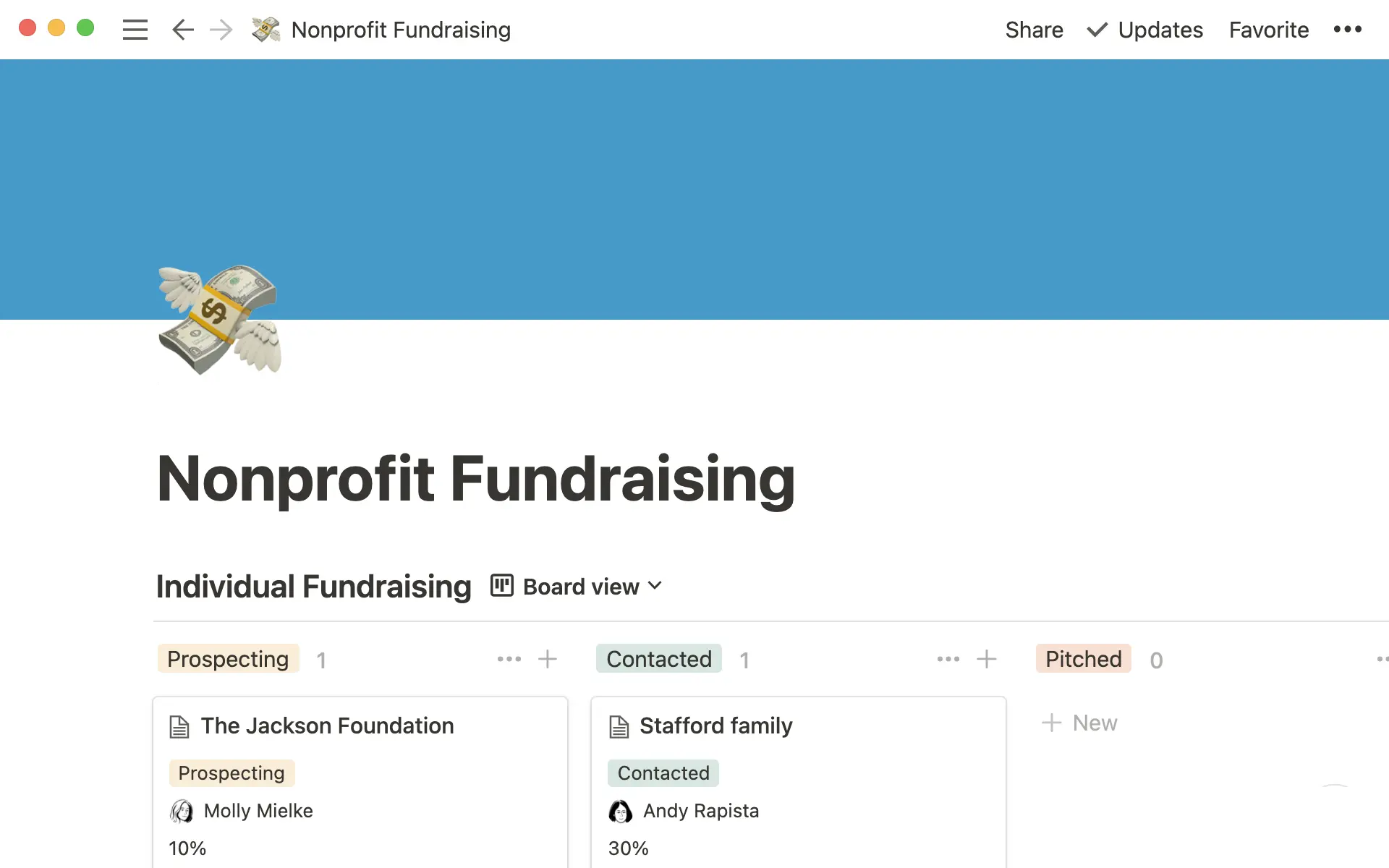 Eine Board-Ansicht für Non-Profit-Fundraising, die die verschiedenen Phasen des Fundraising anzeigt, einschließlich des Anwerbens, der Kontaktaufnahme und der Präsentation.